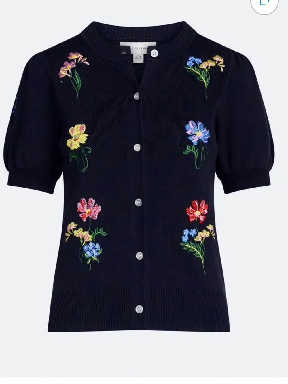 NWT Embroidered Floral Navy Short-Sleeve Cardi vintage style Free Assembly XS